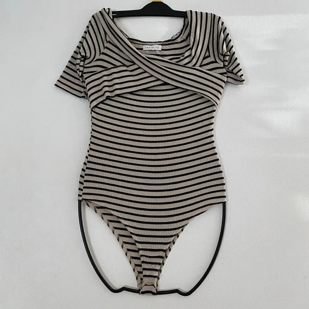 Socialite Ribbed Striped Wrap Bodysuit Beige Black Short Sleeve Size XS
